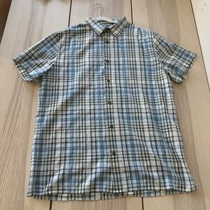 Vince Men's Blue Gray Plaid Button Down Shirt short sleeve classic size L